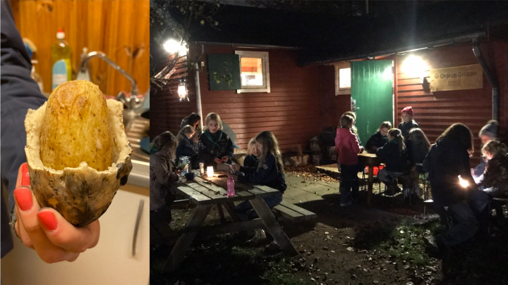 Kartoffel og en masse Ordrup spejdere der sidder ved borde udenfor