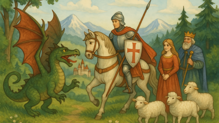 Billede af fra venstre en drage, sct. georg, nogle får, en prinsesse og en konge i et eventyragtigt layout med bjerge og granskove og et slot i baggrunden i 