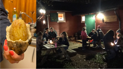 Kartoffel og en masse Ordrup spejdere der sidder ved borde udenfor